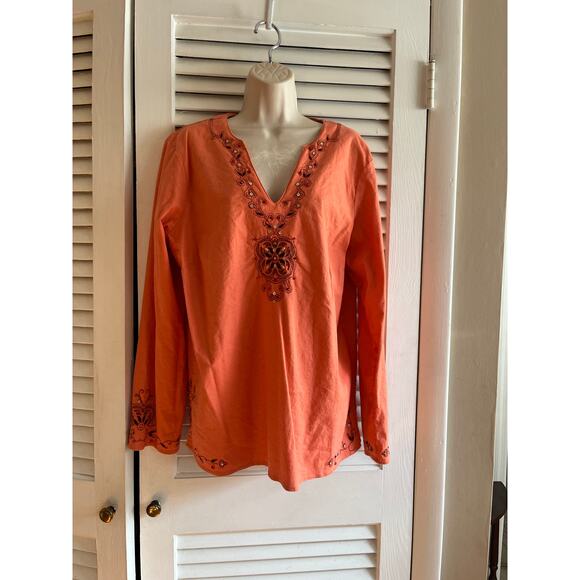 Susan Graver Style linen blend embroidered sequined tunic L Salmon‎ Perfect - Picture 1 of 6